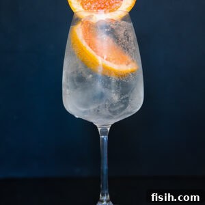 Image of a wine glass with a light coloured liquid with two slices of grapefruit.
