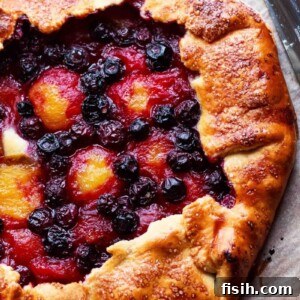 Top down of finished plum and blueberry galette