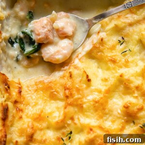 top dow view of fish pie with a spoon holding the creamy filling of fish pieces