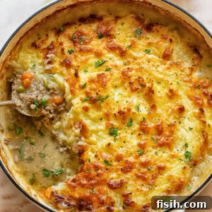 Top down shot of shepherd's pie in a large dish