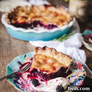 Piece of wild blackberry pie with dollop of creme fraiche