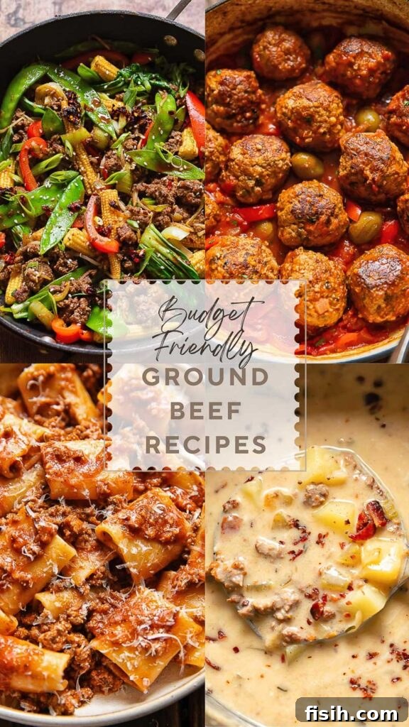 A four panel vertical collage of dishes made using ground beef plus other ingredients, with the title in the middle.