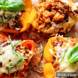 stuffed peppers with the beef and rice filling exposed