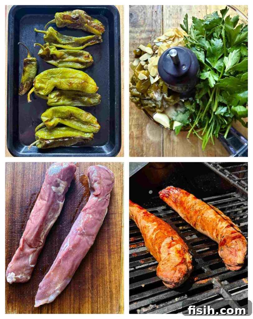 Grilled Pork Tenderloin with Green Romesco 4 Four image collage showing how to prepare the romesco sauce and the pork tenderloin.