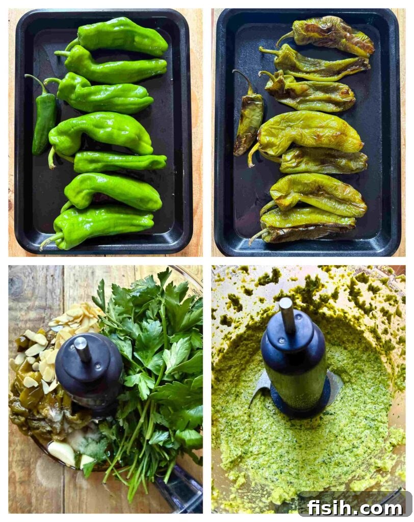 Green Romesco Sauce Recipe for Grilled Vegetables and Fish 4 Four image collage showing the preparation of the peppers and the sauce.