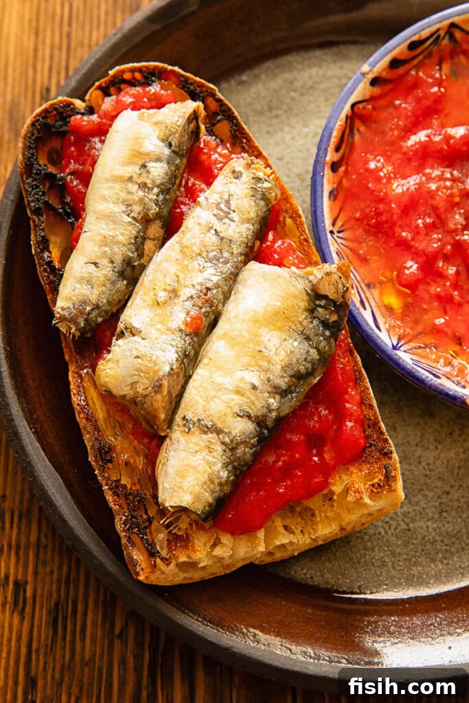 3 Sardine Toast Recipes: Flavorful Ideas for Any Meal 3 A dark plate with toast, sardines and tomato mixture.